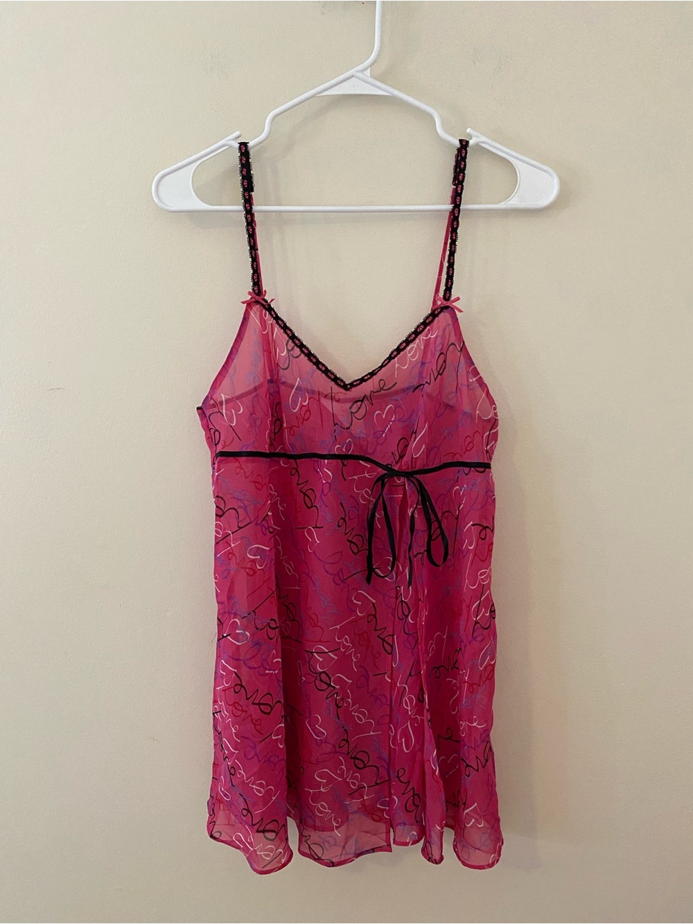 Secret Treasures Pink & Black Sheer Lace-Trim Chemise with bow tie